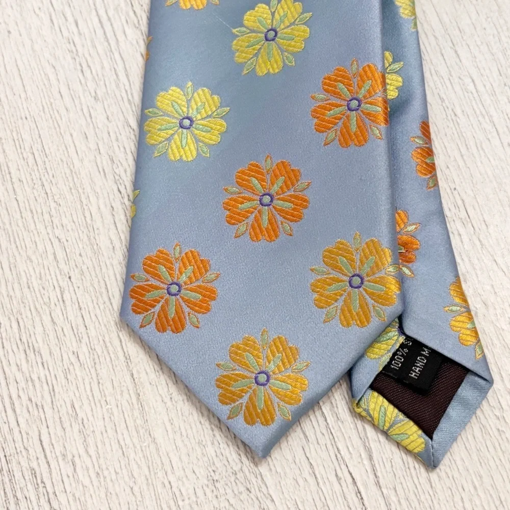 TATTERSALL LONDON Men’s Blue Orange Yellow Novelty 100% Silk Floral Tie 61”